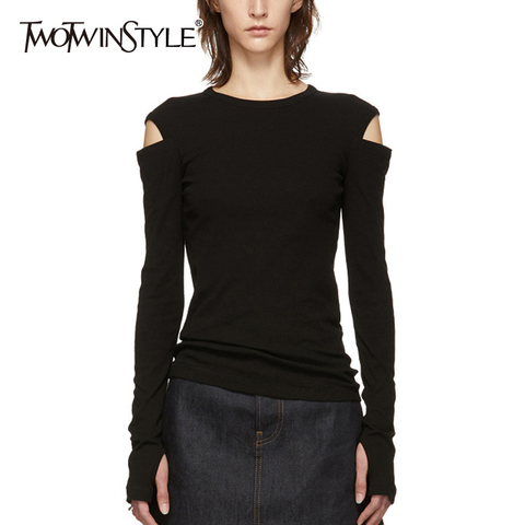 TWOTWINSTYLE-Camiseta informal Sexy para mujer, camiseta de manga larga con cuello redondo y hombros descubiertos, ropa ajustada para mujer, moda 2022 ► Foto 1/6