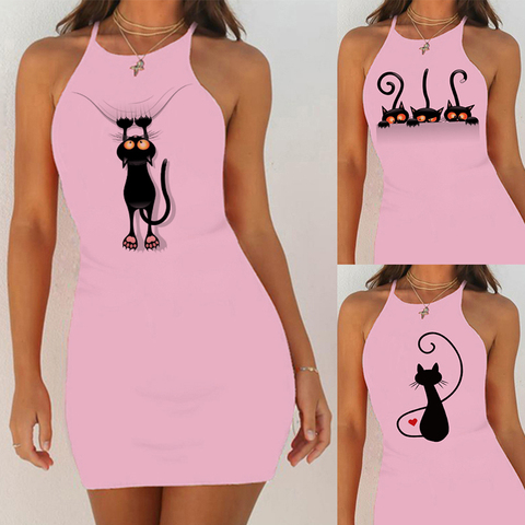 Sexy vestido de noche, camisón para dormir lindo negro estampado de gato mujer camisón Slim cadera sin mangas Rosa Sleepshirts camisas de la noche ► Foto 1/6