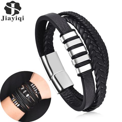 Jiayiqi-pulsera de cuero trenzado multicapa para hombre, brazalete con cierre magnético de acero inoxidable, joyería Punk ► Foto 1/6