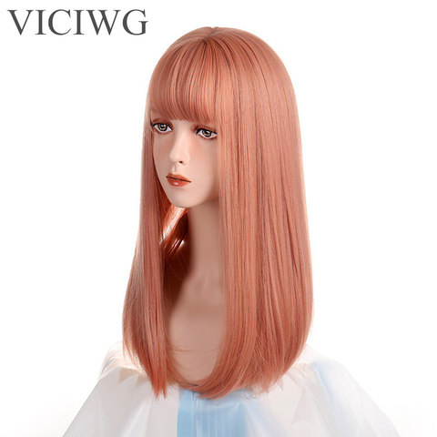 VICWIG-Peluca de Cosplay de longitud media con flequillo, pelo liso sintético, naranja claro, resistente al calor, color rosa ► Foto 1/6