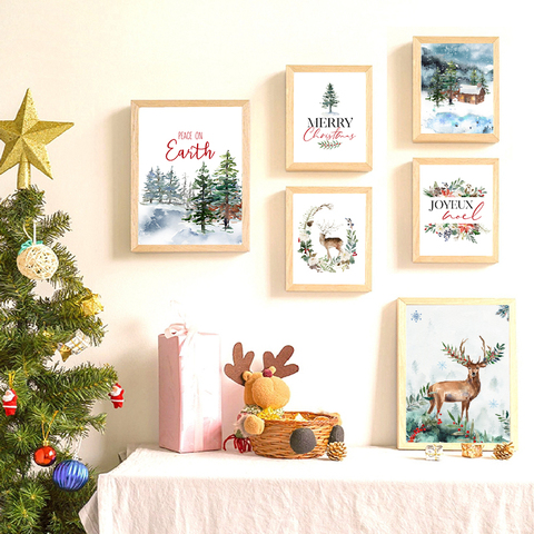 Póster de decoración familiar de Navidad, cuadro sobre lienzo para pared, invierno, pino, árbol, alce, acuarela, nieve, escena para sala de estar y dormitorio ► Foto 1/5