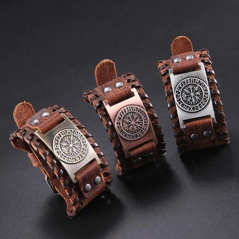 Skyrim Vintage vikingo brújula pulsera de cuero genuino para brazalete para hombre runas nórdicas símbolo de ODIN Wrap accesorios de joyería ► Foto 1/6