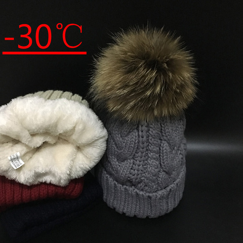 2022, gorros, gorros sombreros de invierno de mujer sombrero caliente de la marca de moda de punto de 18cm de piel Gorro con pompón tapa de moda de ocio sombreros ► Foto 1/4