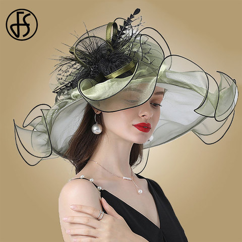 Gorra de moda FS para mujer, sombreros de Organza rosa para mujer, sombreros de Organza para fiesta de té, boda, visera ancha grande, tocado Vintage ► Foto 1/6