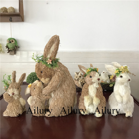 Familia de conejos de paja, conejo de paja pequeño, Flor de Caña/lino blanco, decoración para la casa Mona, adorno de escritorio, regalo de Pascua ► Foto 1/6