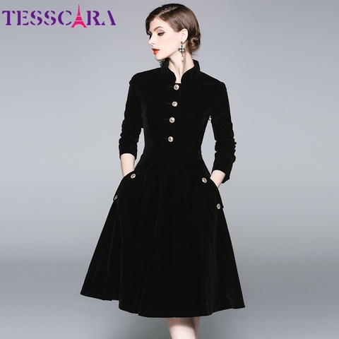 TESSCARA-vestido negro elegante de terciopelo para otoño e invierno, Túnica de fiesta Vintage de alta calidad para mujer, diseño de línea a ► Foto 1/5