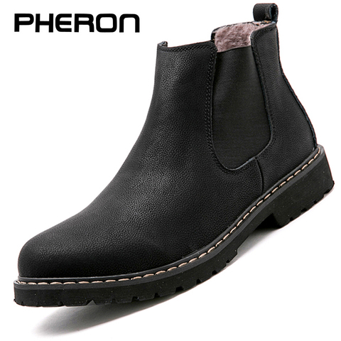 Botas Chelsea para Hombre, Zapatos de invierno, botas de cuero negro con abertura, calzado para Hombre, botas cálidas de piel de felpa para invierno para Hombre, Zapatos para Hombre ► Foto 1/6