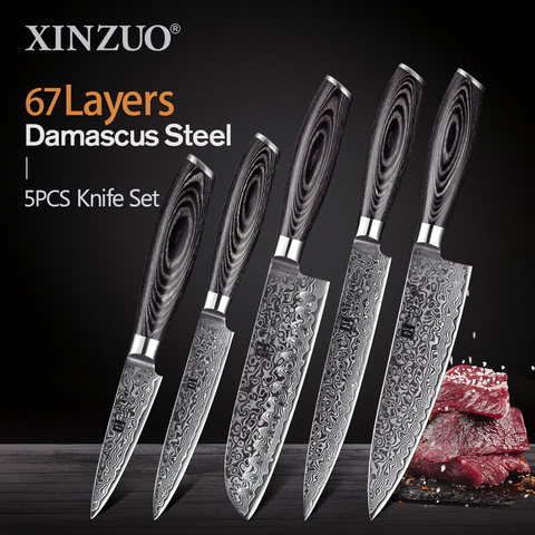 XINZUO 5 uds Juego de cuchillos de cocina 67 capas VG 10 Japón Damasco acero Chef Cleaver Santoku cuchillo de pelar herramienta Pakkawood mango ► Foto 1/6