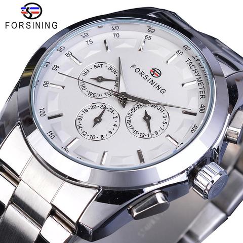 Forsining plata blanco Hombre reloj mecánico 3 Sub Dial manos luminosas fecha Acero inoxidable banda hombre negocios deporte Montre Homme ► Foto 1/6