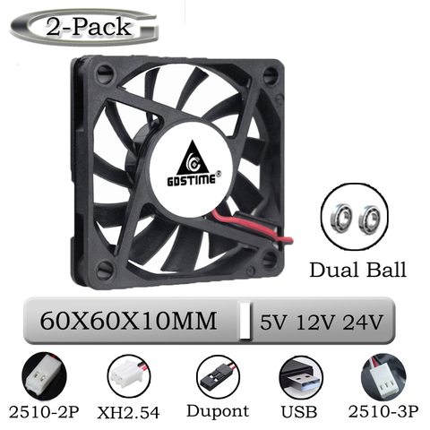 Gdstime-ventilador de refrigeración sin escobillas de doble rodamiento, ventilador de refrigeración sin escobillas de 60mm x 10mm, 2 piezas, 2 pines, 5V DC 12V 24 V 6cm 60x60mm 60mm 60mm 60mm 60mm ► Foto 1/5