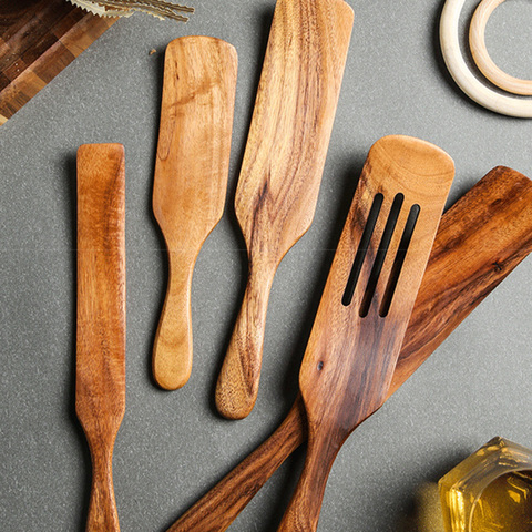 1-5 uds ranurado Spurtle conjuntos de espátulas para agitar de teca Natural utensilios de cocina CONJUNTO DE resistente al calor no madera de palo de utensilios de cocina ► Foto 1/1