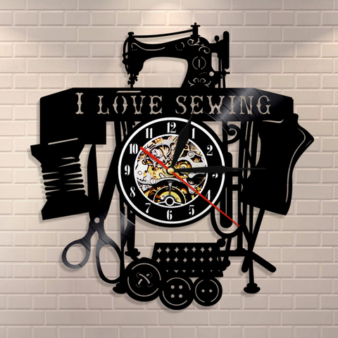 I Love Quilting cooking Quote Wall Art-Reloj de pared Vintage para máquina de coser, reloj de pared con registro de vinilo, reloj de pared para habitación de costura, decoración de sastre ► Foto 1/6