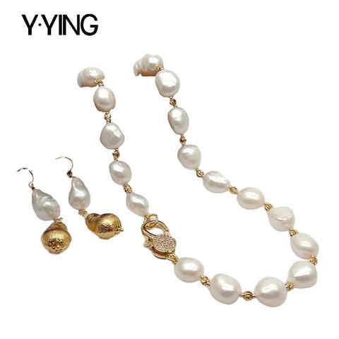 Y.YING naturaldulce collar de perlas barrocas blancas cultivadas Keshi conjunto de pendientes de perlas estilo lujoso para mujer ► Foto 1/6