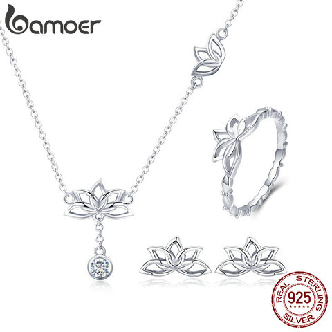 Pendientes y collares de flor de loto plateado de Ley 925 elegantes de BAMOER, juegos de joyas para mujer, regalo de joyería de plata ZHS067 ► Foto 1/6