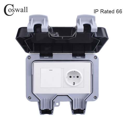 Coswall-Toma de corriente de pared resistente al agua IP66 para exteriores, resistente al agua, 16A, enchufe estándar de la UE, con interruptor de encendido y apagado de 1 entrada y 1 vía ► Foto 1/5