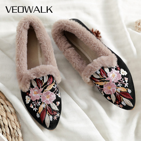 Veowalk-bailarinas bordadas con flores para mujer, zapatos planos con cuello de piel sintética, puntiagudas de algodón y terciopelo suave para invierno ► Foto 1/6