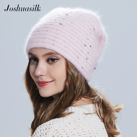 Joshuasilk-Sombrero de lana de angora para mujer, sombrero de invierno de punto de mariposa, Sombreros con rayas con decoración dorada, cálido Doble ► Foto 1/6