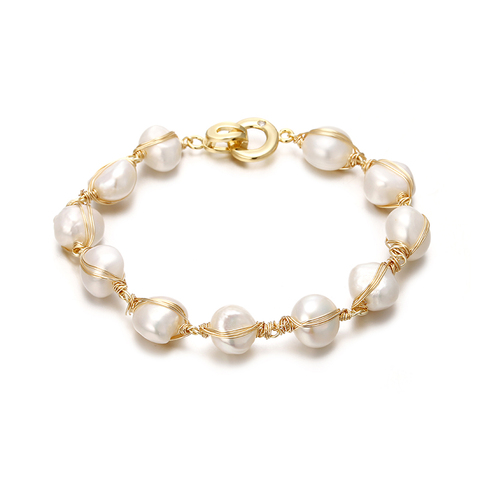 Pulsera de perlas naturales barrocas de agua dulce para mujer, hecho a mano brazalete de oro de 14 quilates, joyería para mujer, regalo de cumpleaños ► Foto 1/6