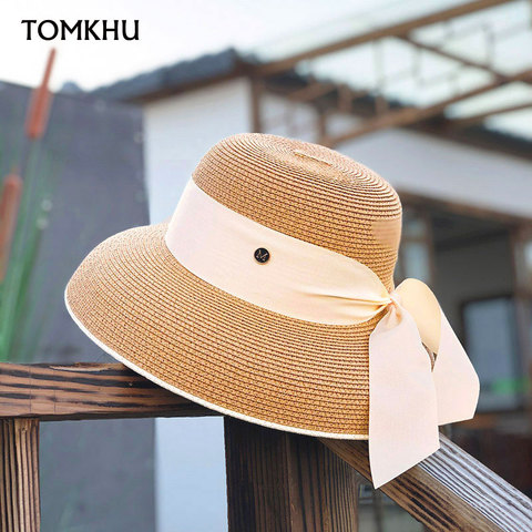 Sombrero de paja de ala ancha para mujer, sombrero elegante para el sol, sombreros de cinta, sombrero Fedora ► Foto 1/6