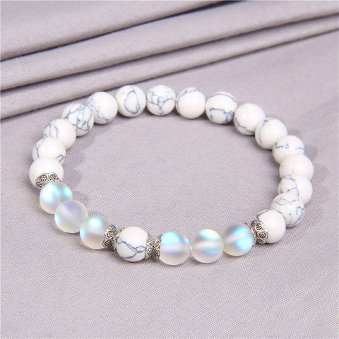 Pulsera de cuentas de piedra lunar para mujer, pulseras de turquesas blancas, brazaletes de curación de oración brillantes, regalos de joyería para parejas ► Foto 1/6