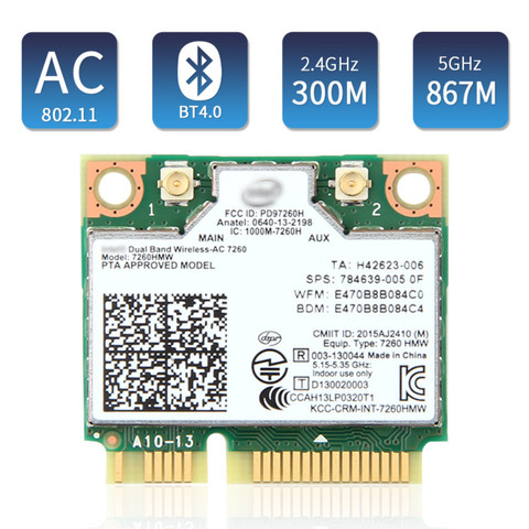 Tarjeta inalámbrica de doble banda para Intel 7260 7260HMW Mini PCI-E Wifi 867Mbps 802.11ac 2,4G/5Ghz Bluetooth 4,0 para ordenador portátil ► Foto 1/6