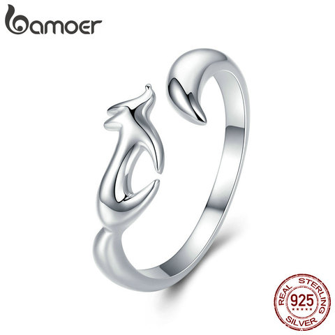 BAMOER-Anillo de plata de primera ley con forma de zorro para mujer, sortija ajustable, plata esterlina 925, cola de zorro, tamaño abierto, SCR478 ► Foto 1/6