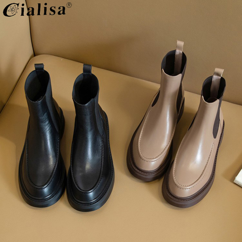 CIALISA-zapatos de punta redonda para mujer, botines elásticos de cuero genuino, de tacón grueso, para otoño e invierno, 2022 ► Foto 1/6