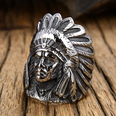 Anillo del Jefe de la India para hombre, anillo de motorista de acero inoxidable 316L, grande, Punk, Hip Hop, regalo para amigos ► Foto 1/1