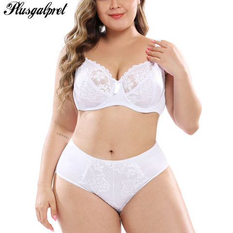 Softrhyme-Conjunto de lencería de talla grande sin forro, sujetador de cobertura completa de encaje con lazo, Braga ultrafina Floral, bralette con aros ► Foto 1/6