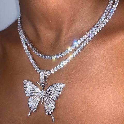 Collar con colgante de mariposa grande para mujer, cadena con diamantes de imitación, cadena de tenis ostentosa, gargantilla de cristal, joyería de fiesta ► Foto 1/6