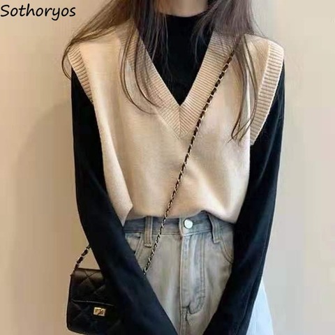 Las mujeres chaleco sólido de cuello en V sin mangas de moda Retro Casual estilo coreano prendas de vestir abrigos Chic-encuentro de primavera Simple ► Foto 1/6