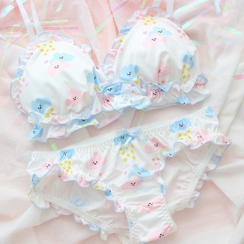 Conjunto de sujetador y bragas de lencería japonesa, ropa interior suave sin aros para dormir, conjunto íntimo Kawaii de Lolita, Color blanco ► Foto 1/4