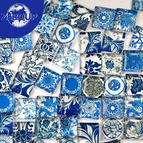 50 unids/lote claro cabujón de cristal cuadrado azul y blanco diseño de porcelana color mezclado ajuste Ajuste del camafeo 10mm 12mm 15mm ► Foto 1/6