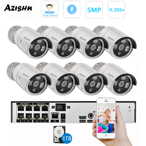 AZISHN H.265 8CH 5MP POE sistema de cámaras de seguridad Kit Audio registro IP Cámara IR al aire libre impermeable vídeo CCTV Vigilancia Conjunto NVR ► Foto 1/6