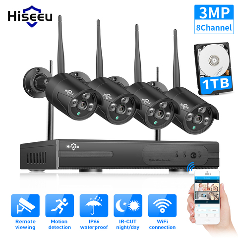 Hiseeu-sistema de cámaras de seguridad para el hogar, 8CH, NVR inalámbrico, 3MP, HD, para exteriores, vídeo CCTV, Kit de vigilancia NVR, 1536P, Wifi, juego de cámaras, negro código promocional 11112022ES10,10 euros de ► Foto 1/6