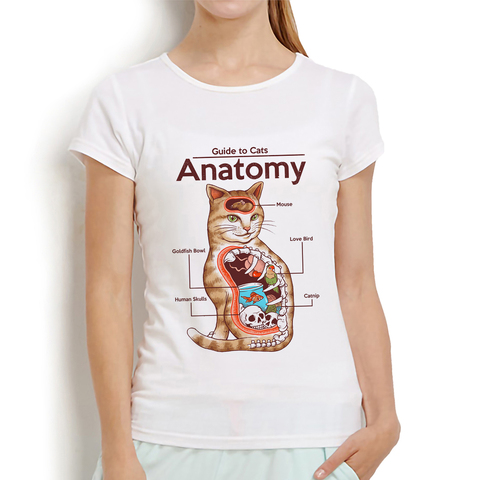 Anatomía de un gato divertido t camisa las mujeres novedad de verano blanco pantalón corto casual Camiseta de manga mujer kawaii Miau streetwear camiseta ► Foto 1/2