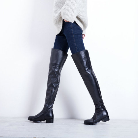 100% de cuero Real de las mujeres hasta la rodilla botas de moda marca Sexy tacón bajo zapatos para invierno, otoño las mujeres de la calle calzado ► Foto 1/6