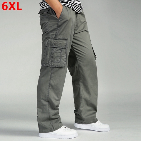 Pantalones informales para hombre, peto de algodón con cintura elástica, con múltiples bolsillos, fertilizante grande XL, pantalones cargo de talla grande ► Foto 1/6