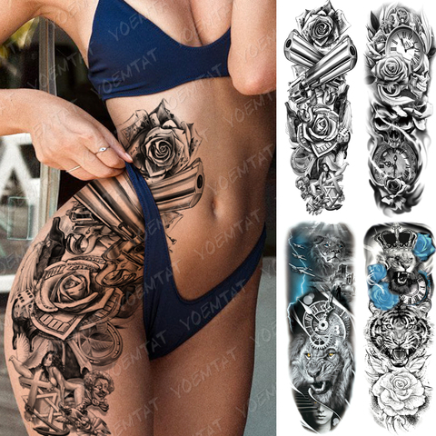 Manga de tatuaje para brazo grande de León rosa para mujer, resistente al agua, pegatina temporal, reloj de flor, cintura, pierna, arte corporal, Tatuaje falso completo ► Foto 1/6