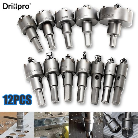 Drillpro-Juego de brocas de aleación, 12 Uds., cortador de sierra de agujeros de Metal de 15mm-50mm, para materiales de plástico y madera, corte de Metal ► Foto 1/6