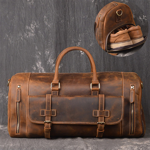 Crazy Horse-Bolso de viaje de cuero genuino para hombre, bolsa de viaje Vintage, grande de cuero de vaca, para equipaje, fin de semana, bandolera grande ► Foto 1/6