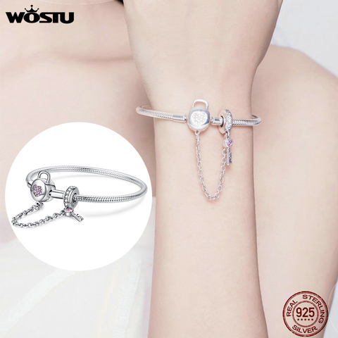 WOSTU-Pulsera con colgante plata de primera ley corazón llave para mujer, brazalete de cadena, plata esterlina 925, circonia cúbica, zirconia, circonita, zirconita, color rosa, CQB143 ► Foto 1/6