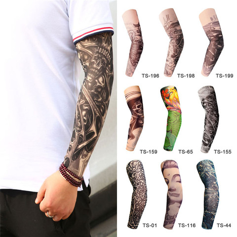 Tatuaje temporal falso Mangas Tatuajes Resbalón largo completo en el brazo Kit de manga del tatuaje Hombres Guantes de nylon elástico Tatuajes diseño de calavera negra ► Foto 1/6