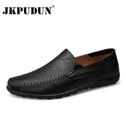 JKPUDUN italianos zapatos para hombre Casual de lujo marca verano mocasines de cuero genuino mocasines cómodos transpirables Slip On Boat zapatos ► Foto 1/6