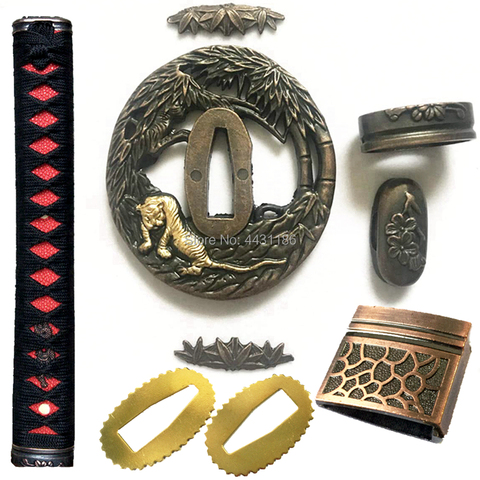 Tiger/protector de espada de bambú para Katana/Wakizashi, conjunto de accesorios, Kirsite Tsuba + Menuki + Fuchi + Kashira + mango + Habaki + Seppa Artesanía de Metal ► Foto 1/6