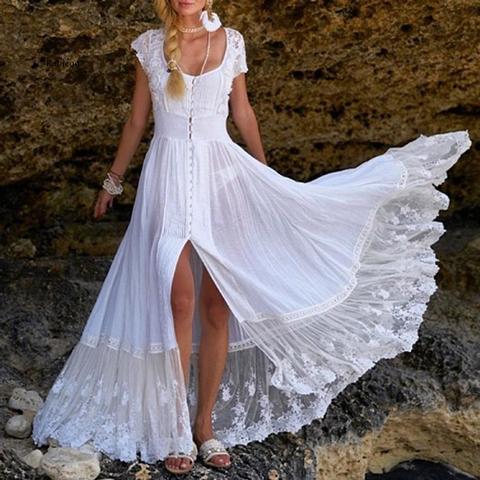 Vestido largo ajustado de encaje para mujer, vestido largo plisado, bohemio, Color blanco ► Foto 1/5