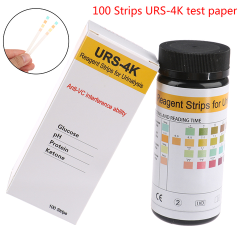 Tiras de papel para prueba de orina, URS-4K, glucosa, pH, proteína, cetona, prueba urinaria, 100 tiras ► Foto 1/6