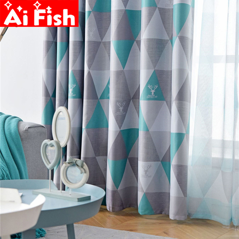 Cortinas opacas modernas de estilo nórdico, Cortinas opacas con estampado de rayas geométricas amarillas y azules para ventana de sala de estar y niños, MY076-4 ► Foto 1/6