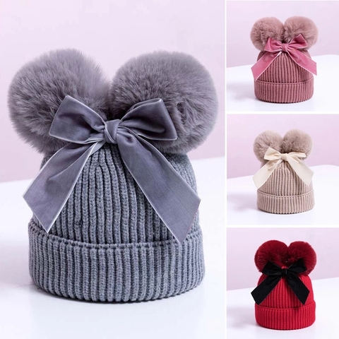 Doble pompón sombrero para bebé de invierno tejido para niños y niñas sombrero cálido más grueso para niños gorro para bebé gorro para niñas Casquette Enfant ► Foto 1/6