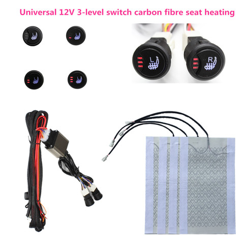 Universal 2 asientos 4 Uds 12v del coche de fibra de carbono 3 nivel asiento de pad kit interruptor Interruptor redondo invierno asiento calentador cubre ► Foto 1/6